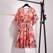 Load image into Gallery viewer, Spring Summer Chiffon Dress Women Knee Length V-Neck Print Dresses Sweet Ruffle Sleeeve Slim New Casual Drawstring Women Dress