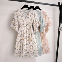 Load image into Gallery viewer, Spring Summer Chiffon Dress Women Knee Length V-Neck Print Dresses Sweet Ruffle Sleeeve Slim New Casual Drawstring Women Dress
