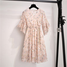 Load image into Gallery viewer, Spring Summer Chiffon Dress Women Knee Length V-Neck Print Dresses Sweet Ruffle Sleeeve Slim New Casual Drawstring Women Dress
