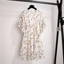 Load image into Gallery viewer, Spring Summer Chiffon Dress Women Knee Length V-Neck Print Dresses Sweet Ruffle Sleeeve Slim New Casual Drawstring Women Dress
