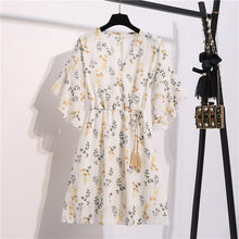 Load image into Gallery viewer, Spring Summer Chiffon Dress Women Knee Length V-Neck Print Dresses Sweet Ruffle Sleeeve Slim New Casual Drawstring Women Dress
