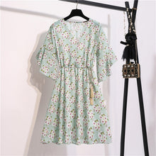 Load image into Gallery viewer, Spring Summer Chiffon Dress Women Knee Length V-Neck Print Dresses Sweet Ruffle Sleeeve Slim New Casual Drawstring Women Dress
