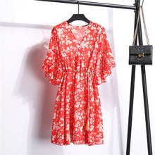 Load image into Gallery viewer, Spring Summer Chiffon Dress Women Knee Length V-Neck Print Dresses Sweet Ruffle Sleeeve Slim New Casual Drawstring Women Dress

