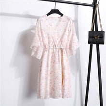 Load image into Gallery viewer, Spring Summer Chiffon Dress Women Knee Length V-Neck Print Dresses Sweet Ruffle Sleeeve Slim New Casual Drawstring Women Dress
