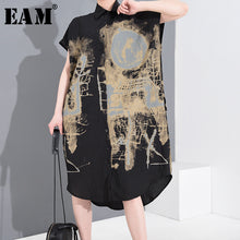 Load image into Gallery viewer, [EAM] Women Black Pattern Printed Big Size Shirt Dress New Lapel Short Sleeve Loose Fit Fashion Tide Spring Summer 2020 1T45201
